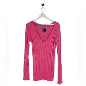 Vintage Y2K American Eagle deep V cableknit sweater long cuff sleeves dusty pink
